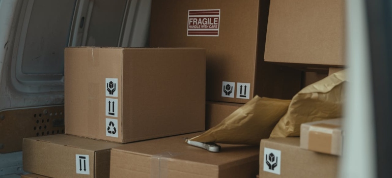 Stacked boxes in a van 