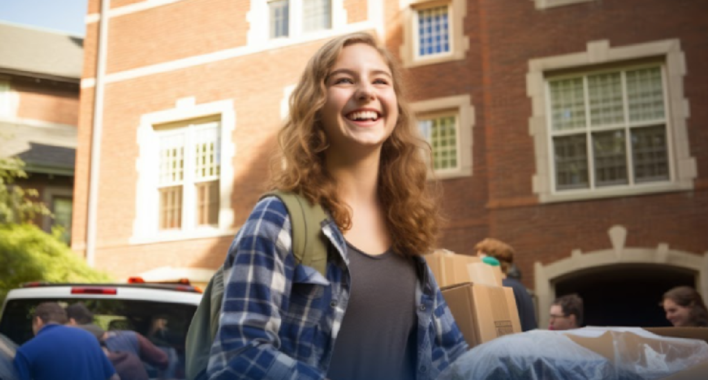 Smiling college student carrying bedding and belongings during campus move-in day, standing in front of a brick dormitory with large windows while other students unload boxes in the background