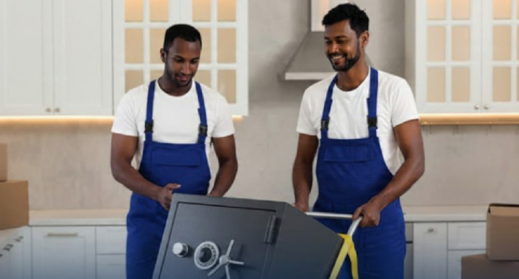 Two professional movers in blue overalls using a dolly and straps to safely transport a heavy black safe inside a modern kitchen with white cabinets and moving boxes