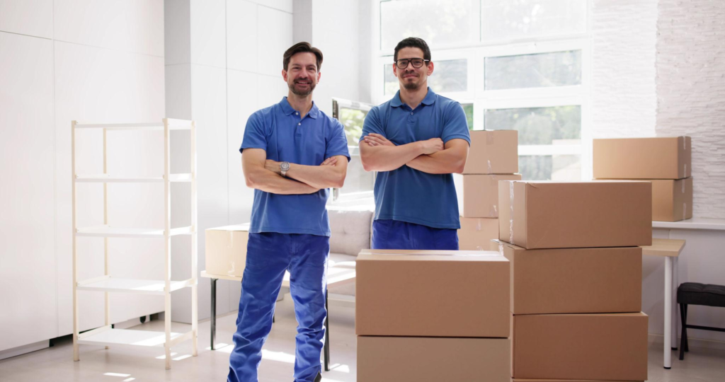 Professional moving company team standing inside a residential home surrounded by packed moving boxes during a local relocation.