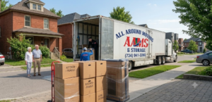 Alt Text (for image): All Around Moving and Storage truck and crew preparing for a long-distance residential move